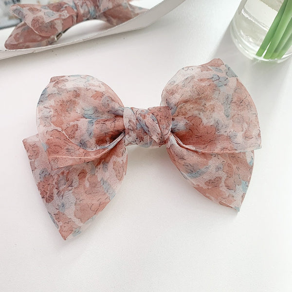 Woman Pink Floral Bow Hair Clip